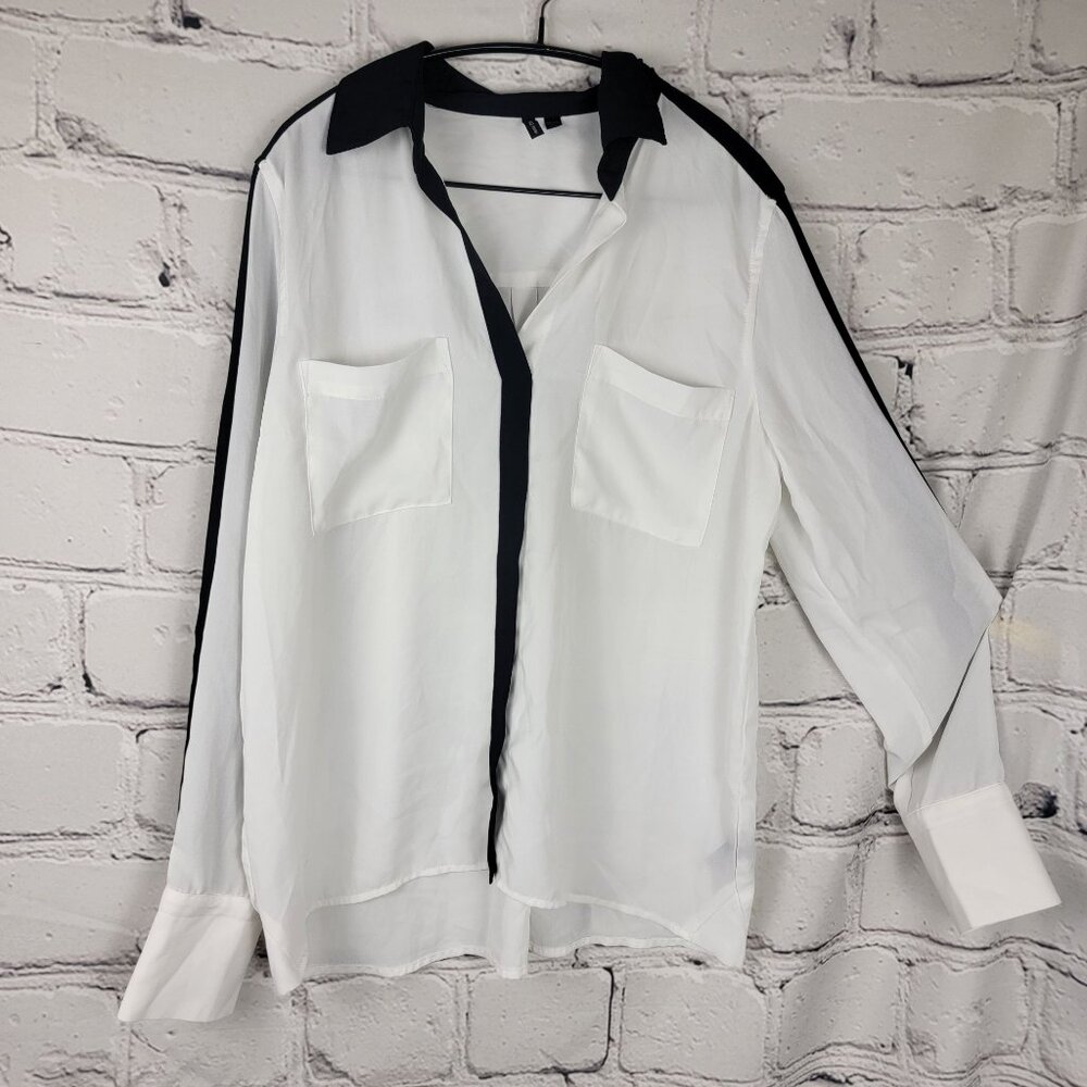 Amanda Green Womens L Black White Long Sleeve Blouse Button Down Dressy Office